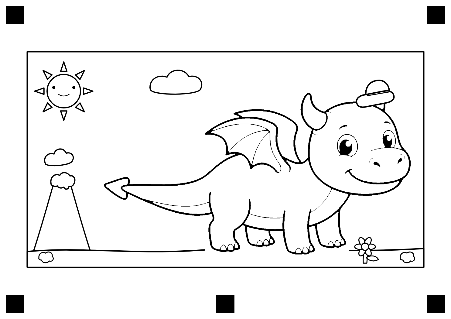 A blank Animatta colouring page: Tito the dinosaur by his volcano.